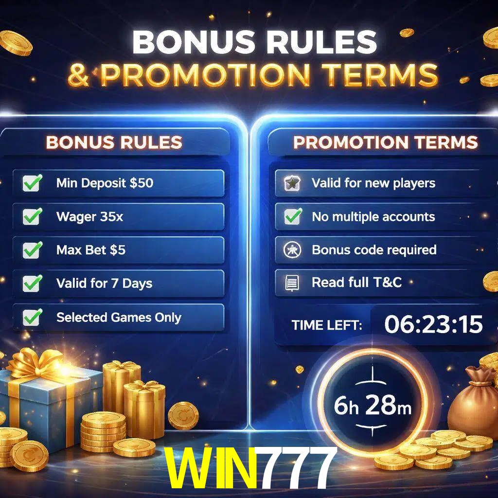 Reglas de promoción WIN777 y condiciones de bonos explicadas visualmente