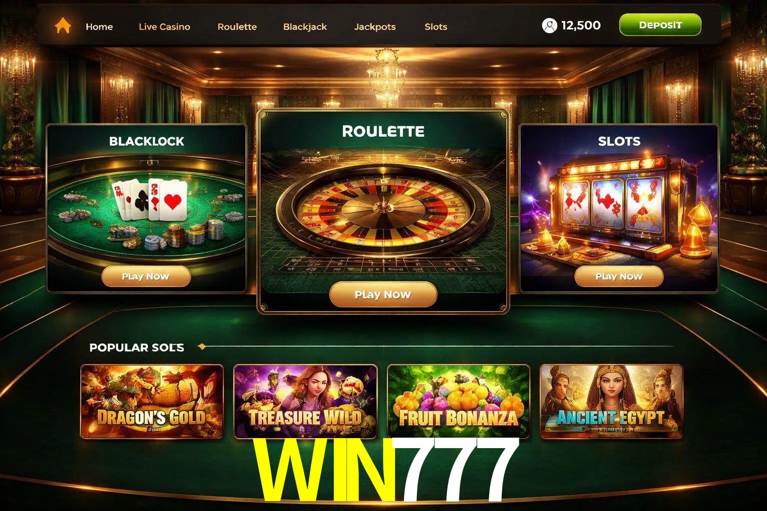 Vista de la plataforma WIN777 Casino mostrando categorías organizadas de juegos en línea