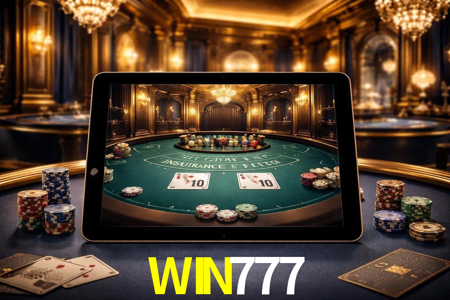 Configuración moderna de casino en vivo con una tableta mostrando una mesa de blackjack, luces cálidas de estudio y una atmósfera elegante de juegos digitales.