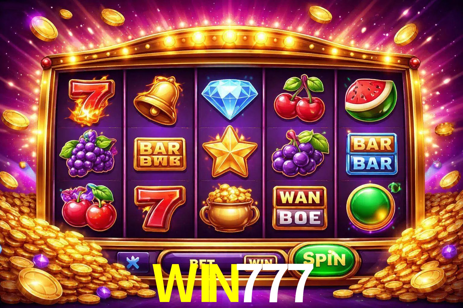 Una interfaz colorida de tragamonedas en línea con símbolos brillantes, monedas y un efecto de victoria celebratoria en WIN777.